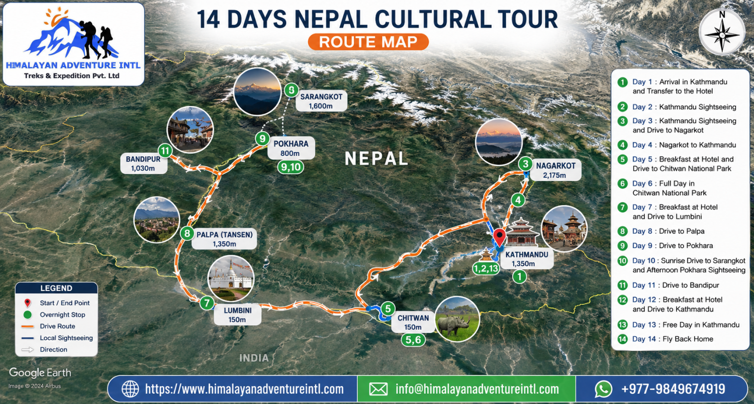 14 Days Nepal Cultural Tour route map