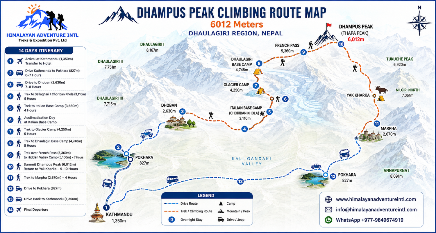 Dhampus Peak Climbing route map