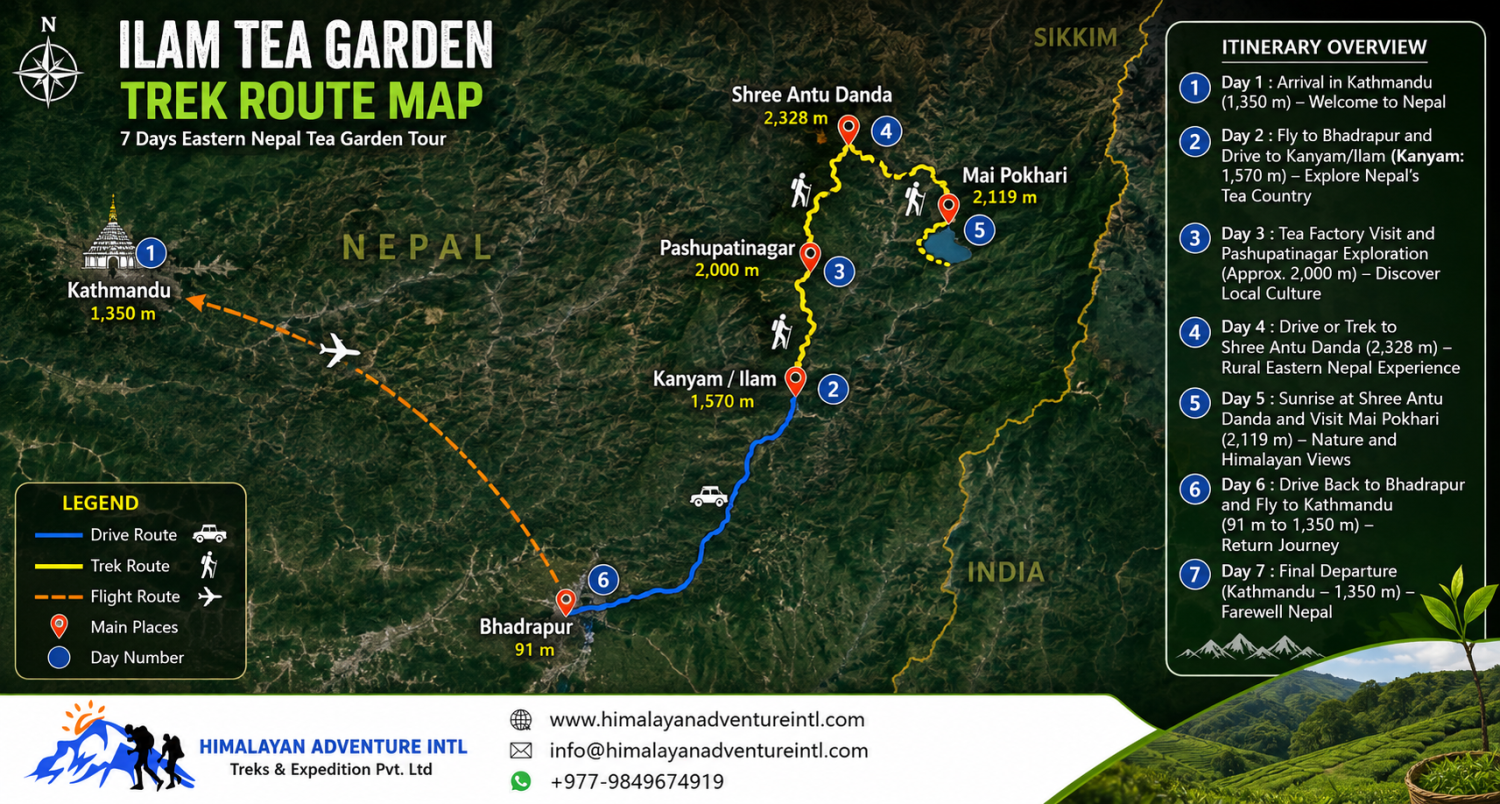 Ilam Tea Garden Trek route map