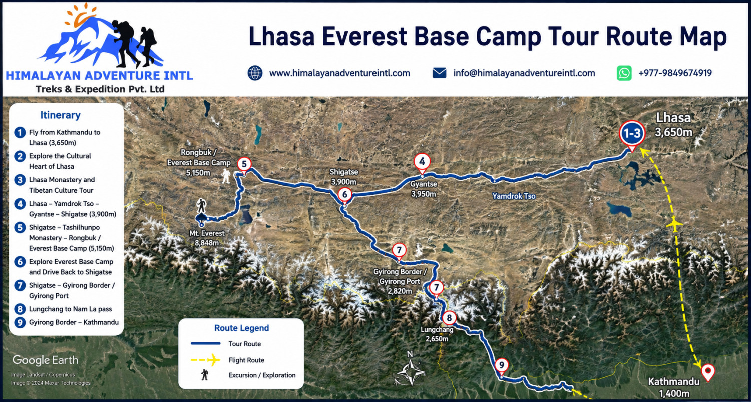 Lhasa Everest Base Camp Tour route map