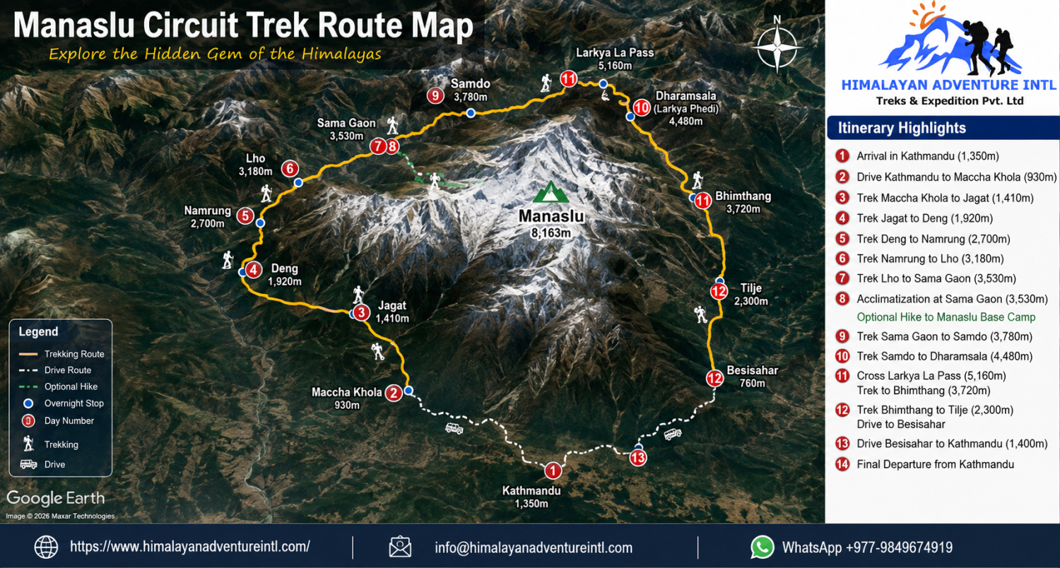 Manaslu Circuit Trek route map