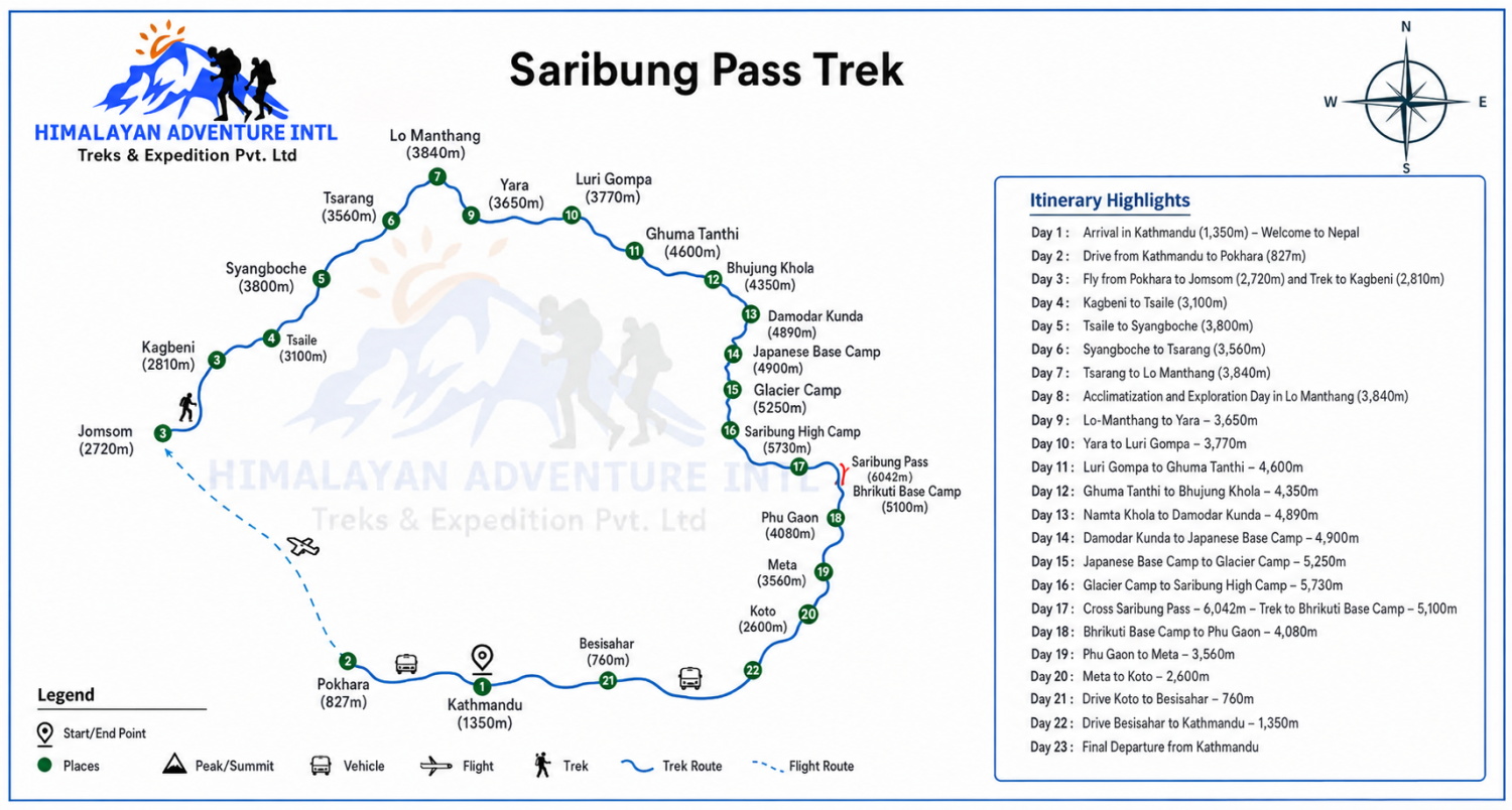 Saribung Pass Trek route map